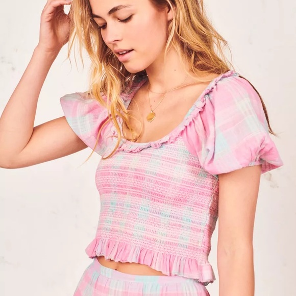 LoveShackFancy Tops - LOVESHACKFANCY Molly Top Pink Pastel Plaid Smocked